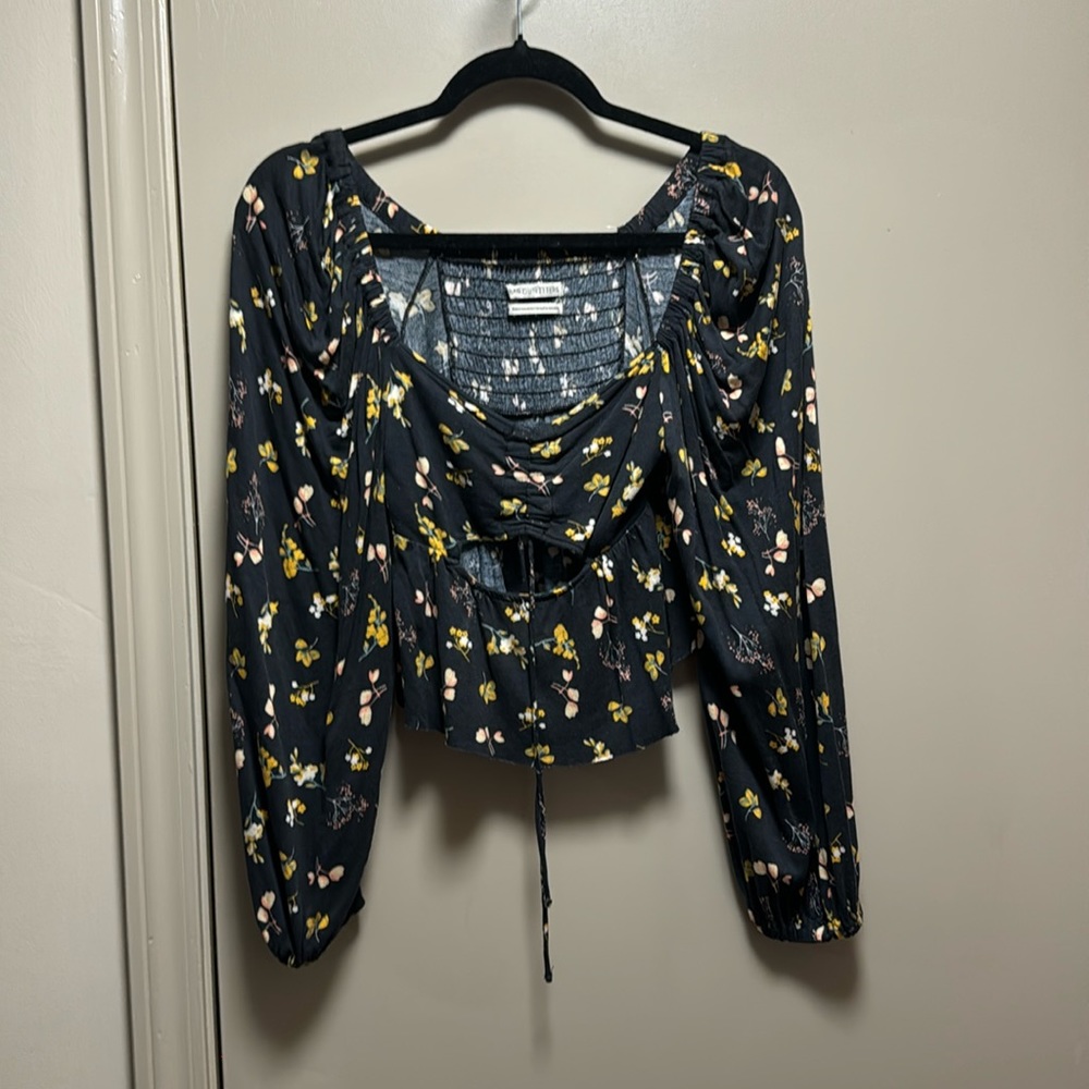 Urban Outfitters Black and Floral Long Sleeve with Cutouf